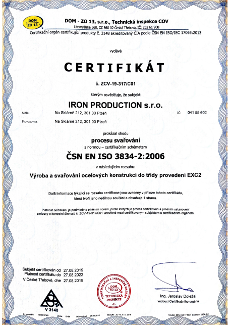 Certifikát Iron Production s.r.o.